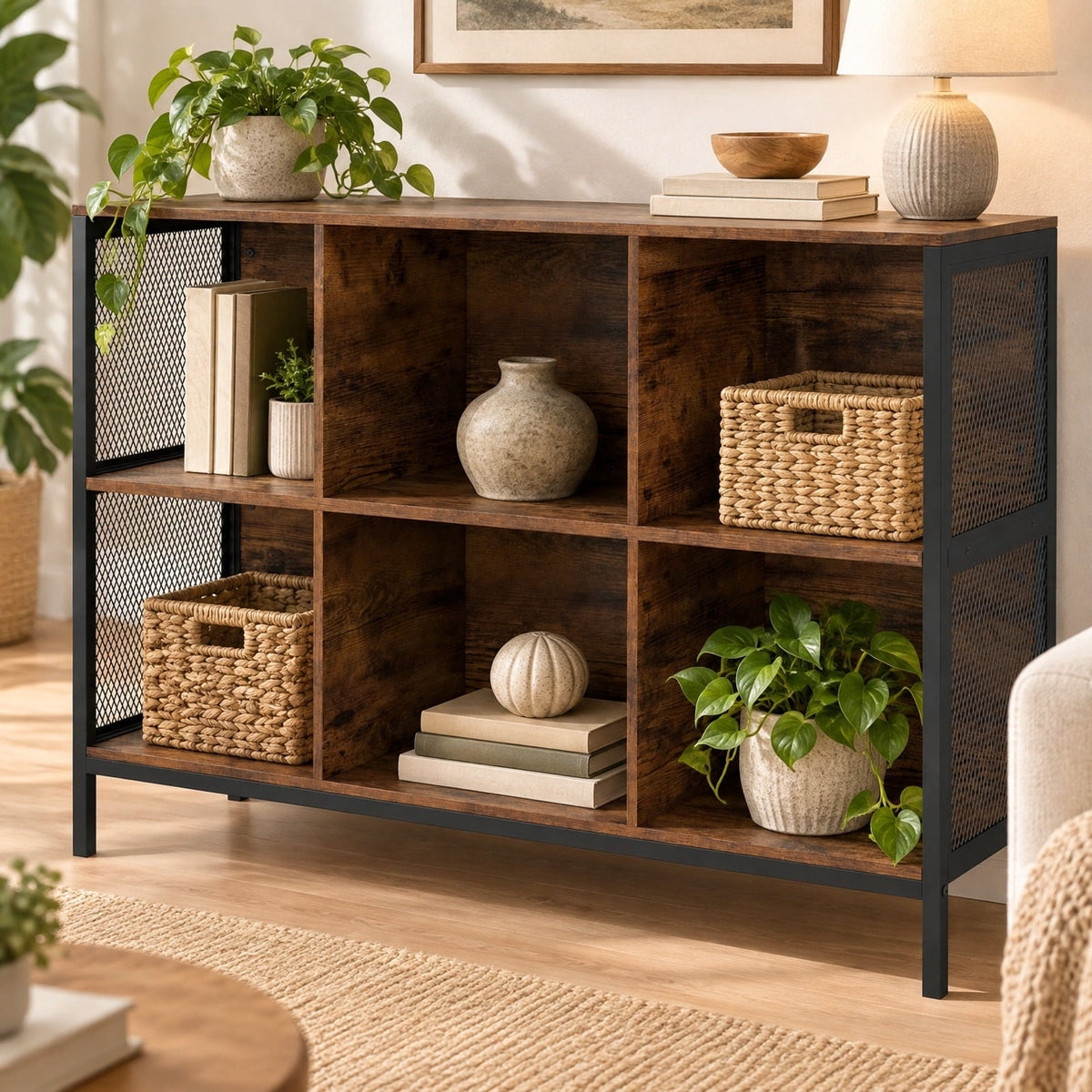 Airfind 6 Cube Bookcase 42 Wide Horizontal Bookshelf with Accent Cubby Shelf, 88 lbs Capacity, MDF Engineered Wood Metal Frame, Brown