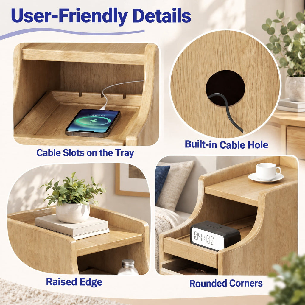 Airfind Solid Wood Night Side Table Narrow Bedside Table Nightstand with Pull-out Tray and 2 Storage Drawers, 55 lbs Capacity, Natural