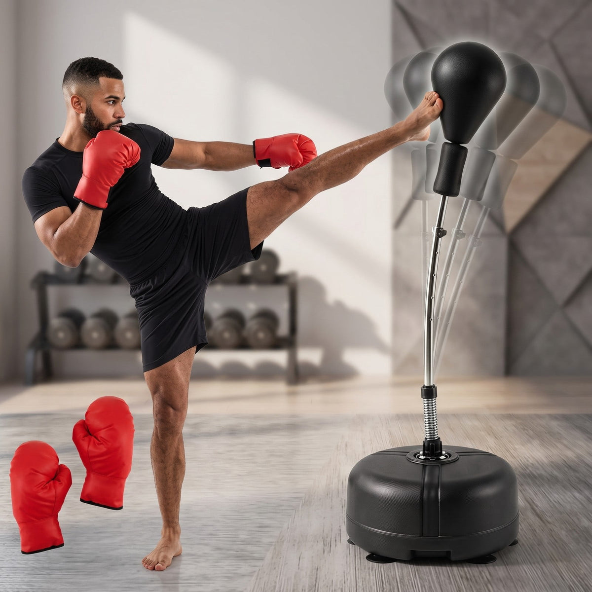 Airfind Height Adjustable Punching Bag with Stand for Teens and Adults, Freestanding Reflex Boxing Bag with Weighted Fillable Base, Gloves and Spring Ball for, Black