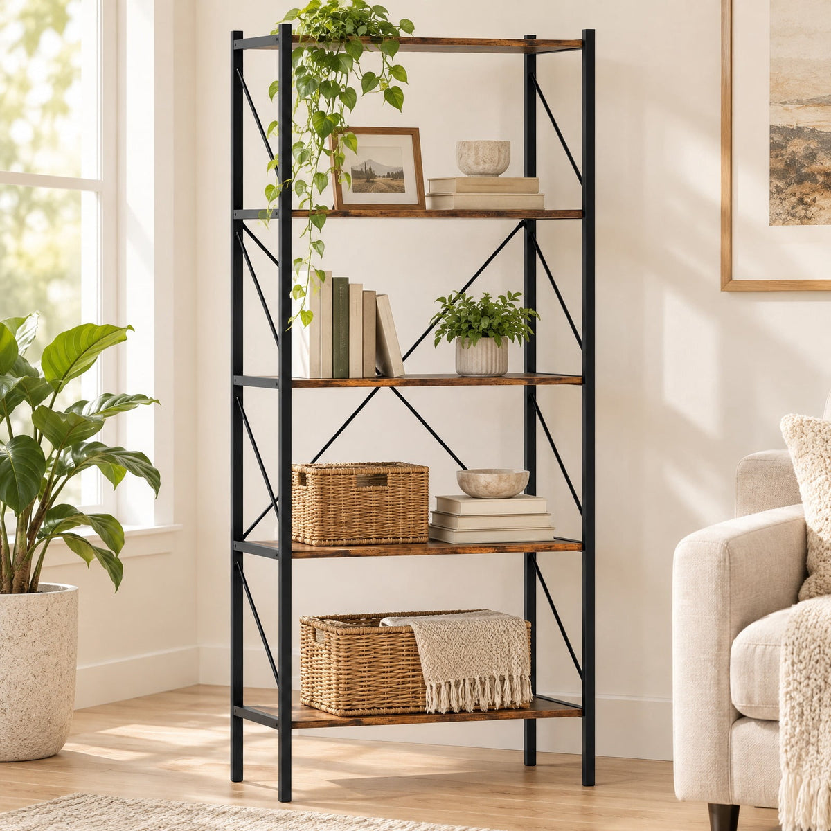 Airfind 5-Tier Bookshelf with Open Shelves and Heavy Duty Metal Frame, 220 lbs Capacity, Metal Engineered Wood Frame, Gray