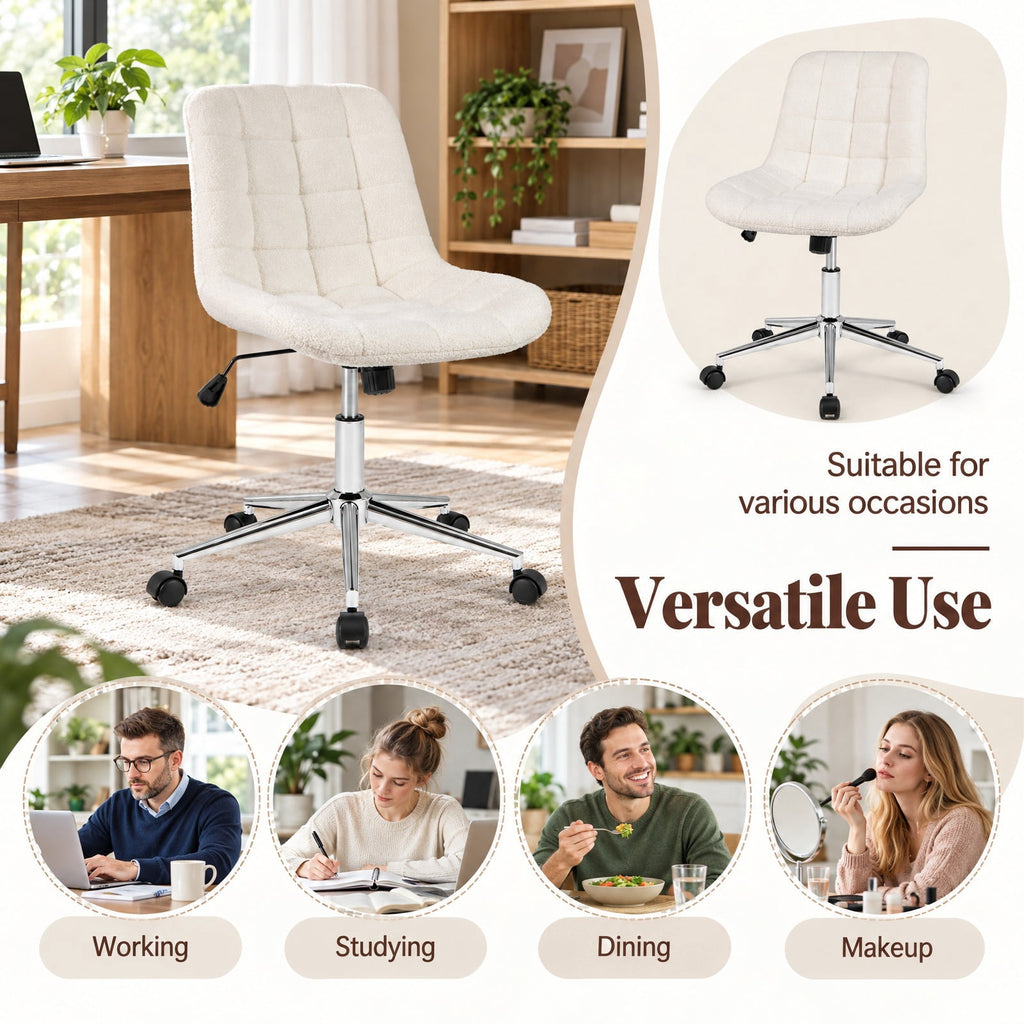 Airfind Teddy Fleece Armless Office Chair Makeup Vanity Chair, 250 lbs Capacity, Metal Teddy Fleece Sponge Nylon Frame, White