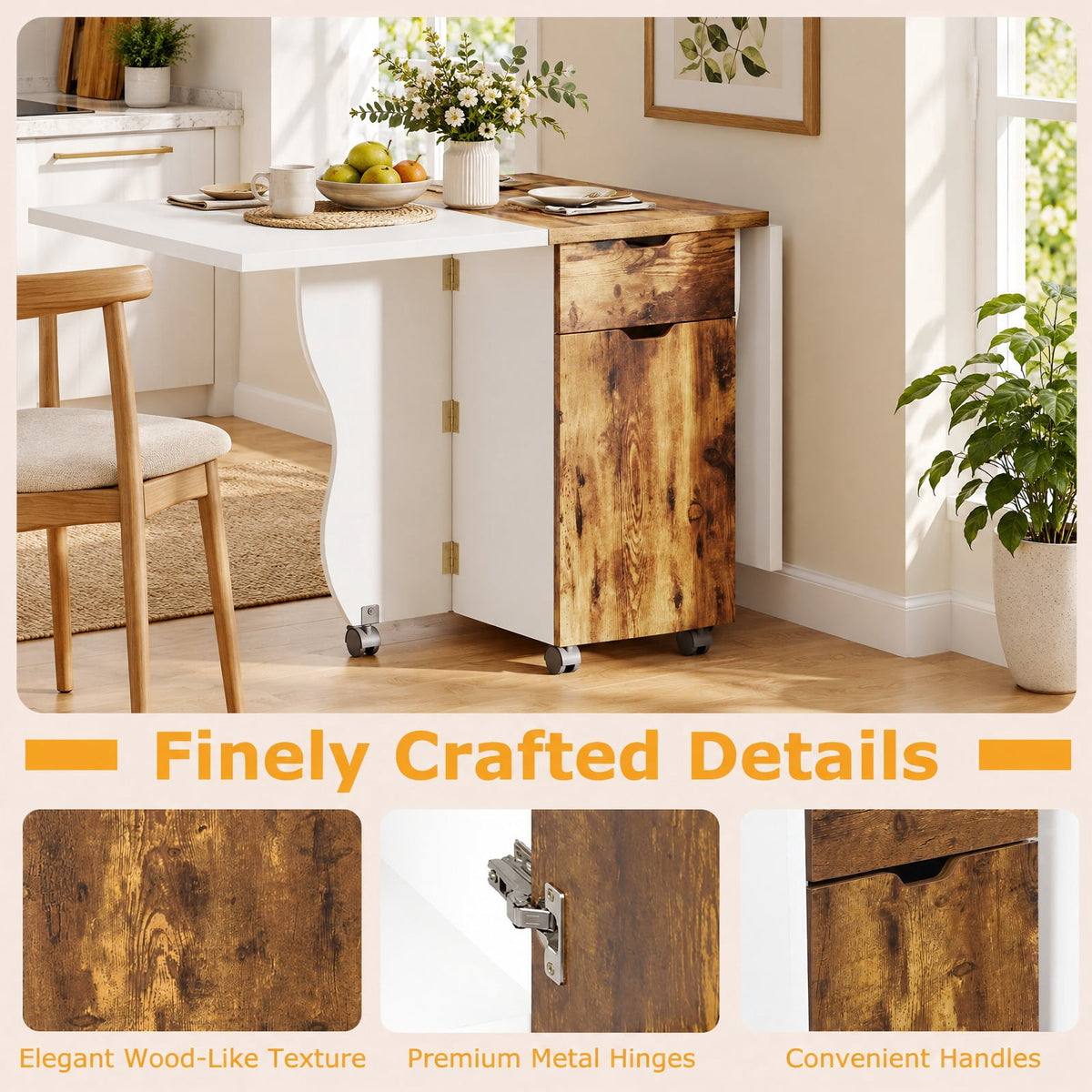 Airfind Folding Dining Table 3-in-1 Space-Saving Drop Leaf Kitchen Table with Lockable Wheels, 60 kg Capacity, 63.2 x 27.6 x 29.5 Footprint