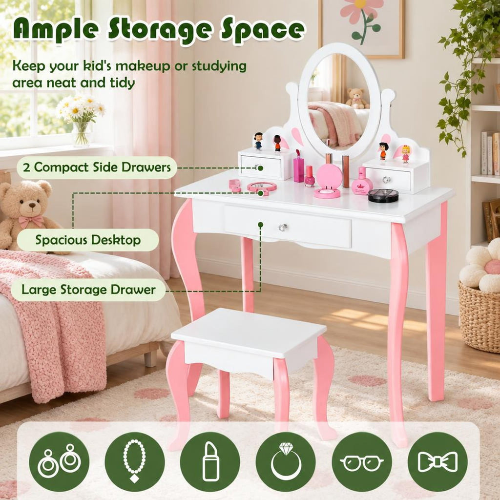 Airfind Kids Vanity Princess Makeup Dressing Table Stool Set with Mirror and Drawer, 44 lbs Capacity, MDF Frame, White