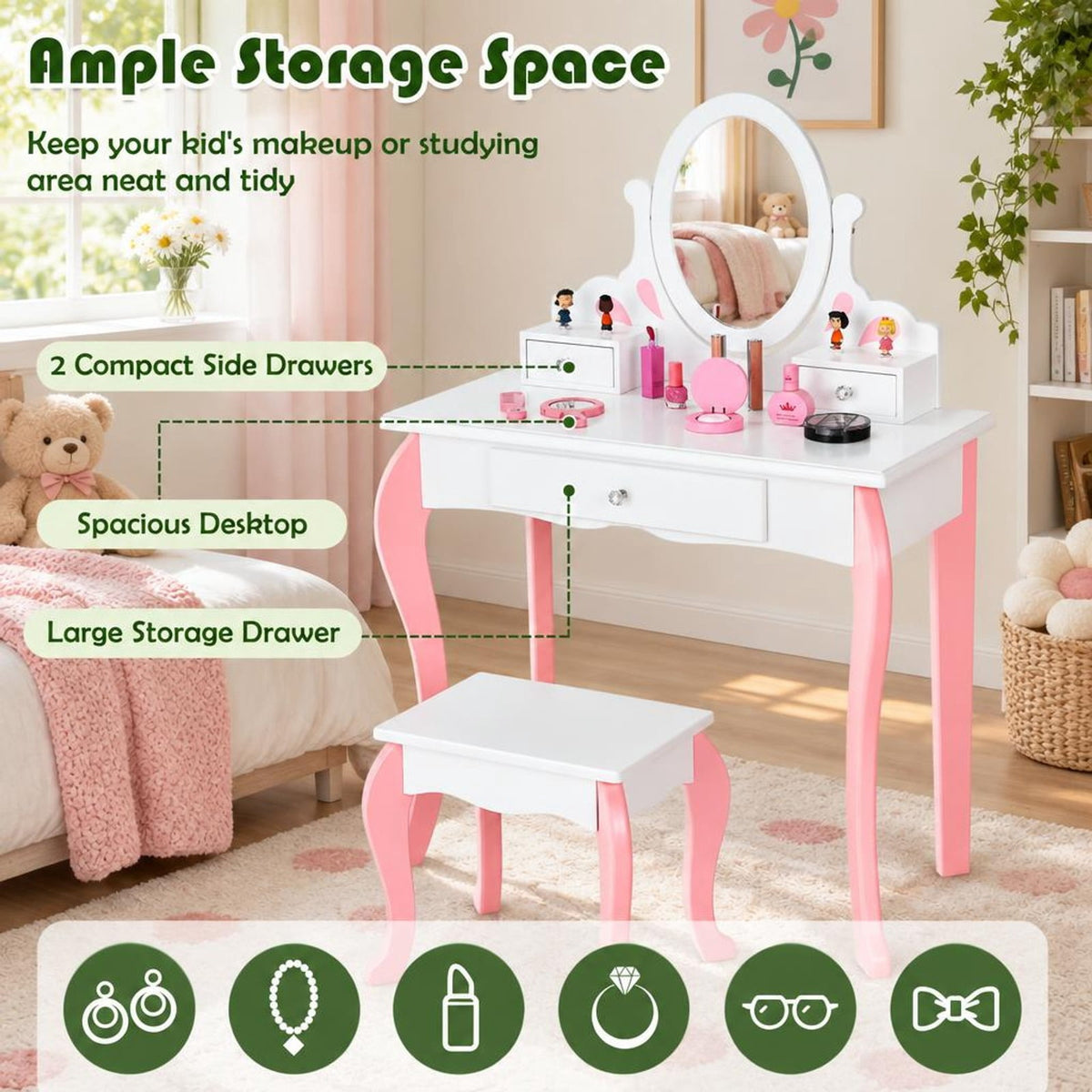 Airfind Kids Vanity Princess Makeup Dressing Table Stool Set with Mirror and Drawer, 44 lbs Capacity, MDF Frame, White