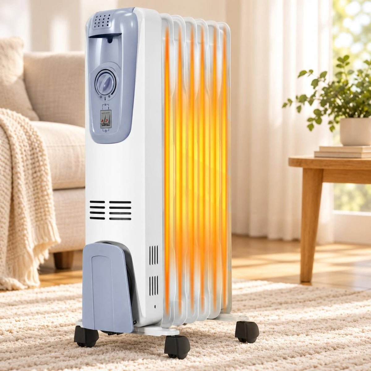 Airfind 1500W Oil Filled Radiator Heater with Thermostat and 4 Wheels for Living Room and Office, Steel Frame for Everyday Use, White