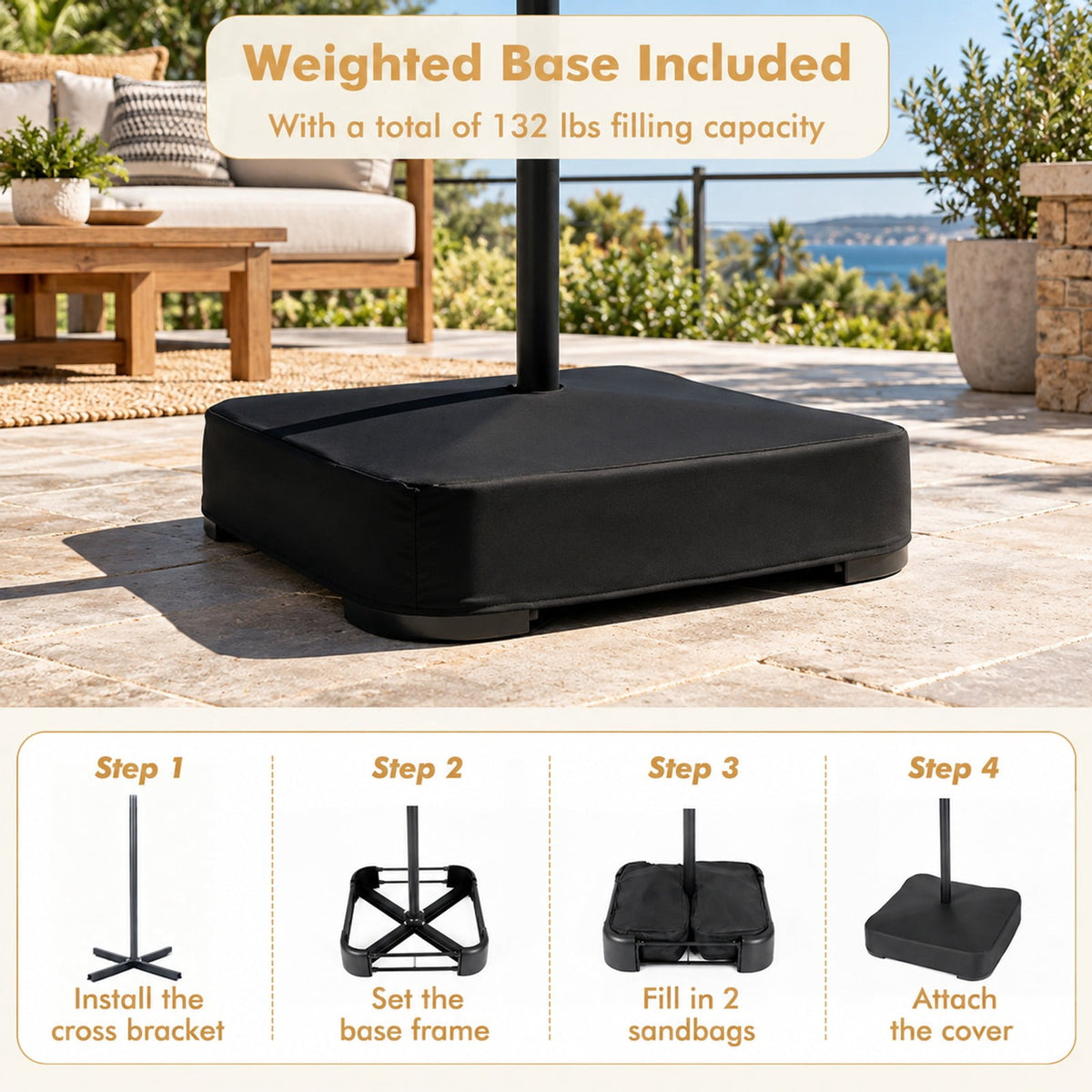 Airfind 15 x 9 FT Solar Double-Sided Patio Umbrella Base Included for Garden Bar, Polyester Fabric Metal PE Thatch ABS Frame, Brown