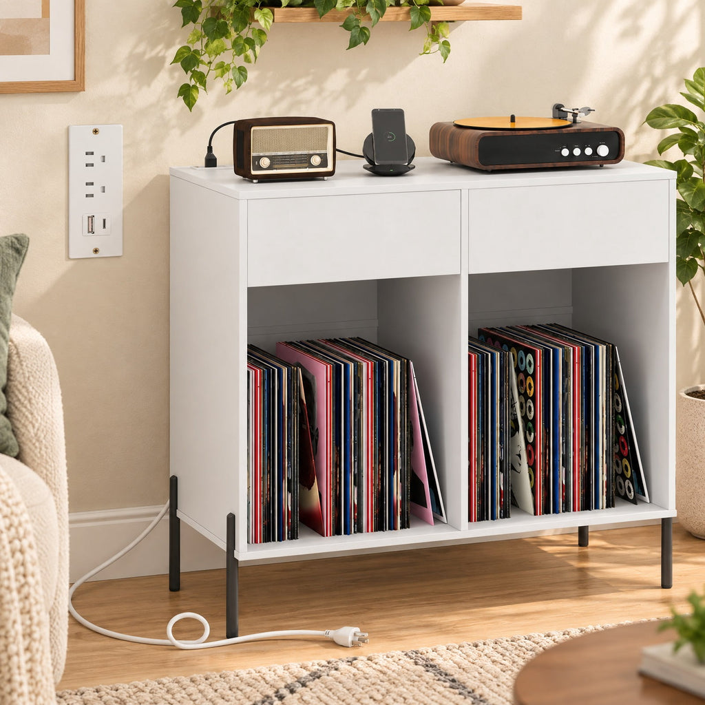 Airfind Record Player Stand with Power Outlets Double Wide Turntable Stand Vinyl Record Storage Table, 220 lbs Capacity, Engineered Wood Metal Frame