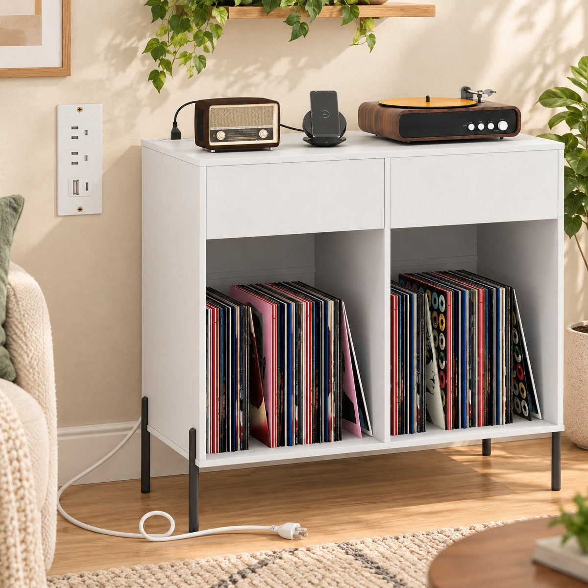 Airfind Record Player Stand with Power Outlets Double Wide Turntable Stand Vinyl Record Storage Table, 220 lbs Capacity, Engineered Wood Metal Frame