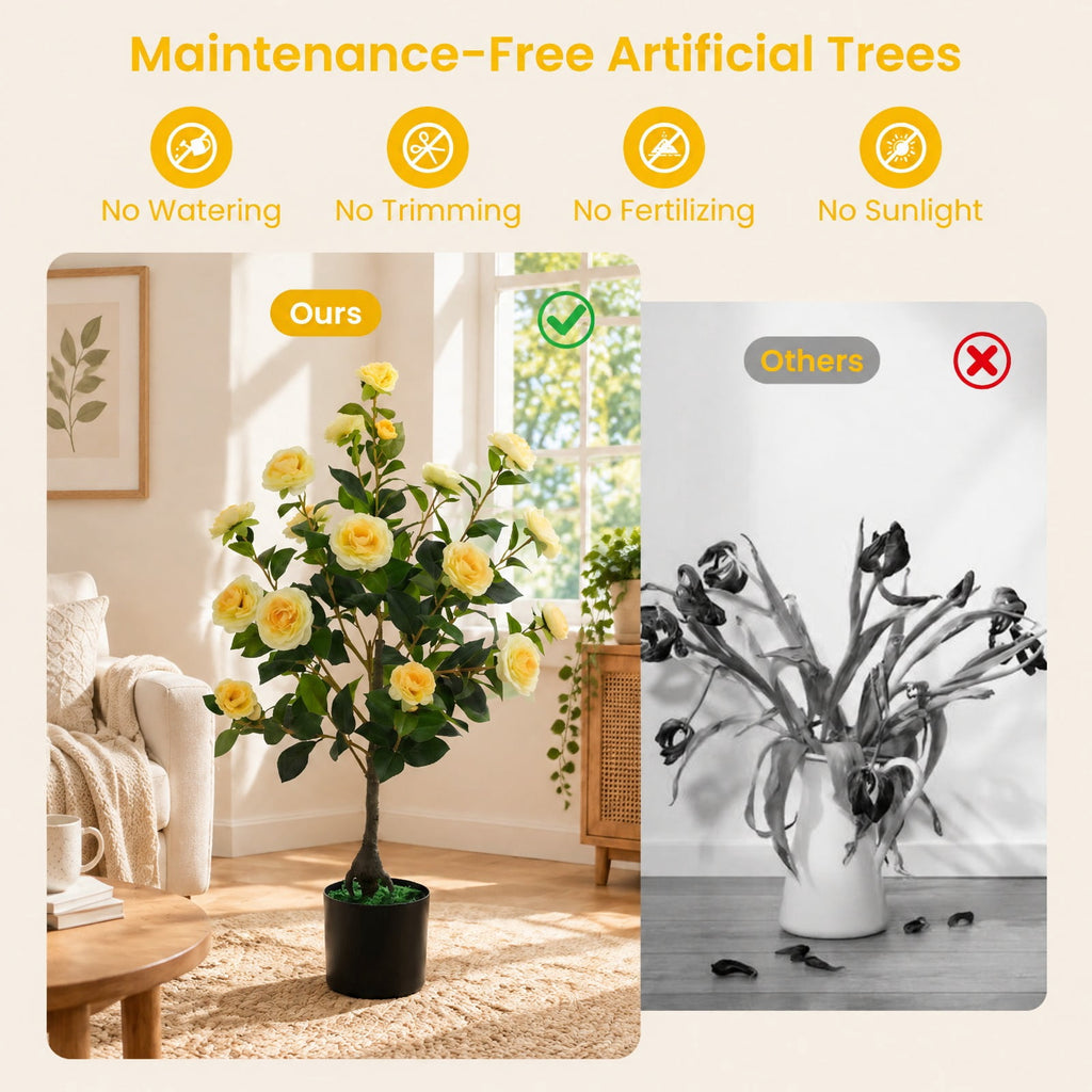 Airfind 2-Pack Artificial Camellia Tree Faux Flower Plant in Cement-Filled Pot, Yellow, offers excellent stability and balance
