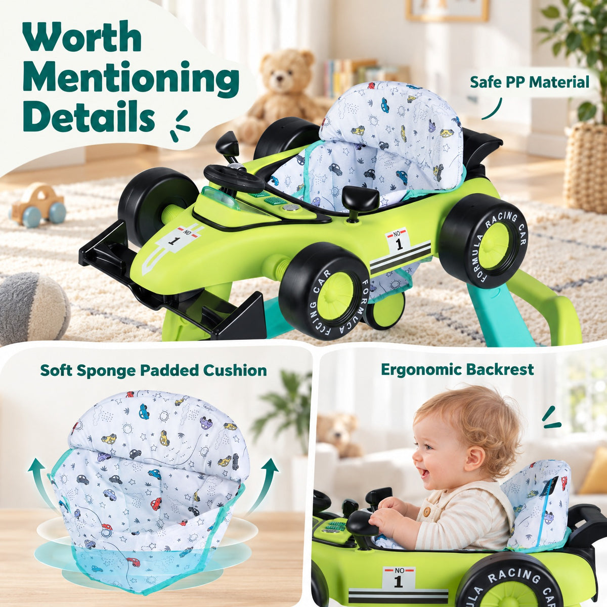 AIRFIND Baby Walker with 4 Activity Modes, 3 Adjustable Heights, Music and Lights, Rear Wheel Speed Control and Folding Frame, Green
