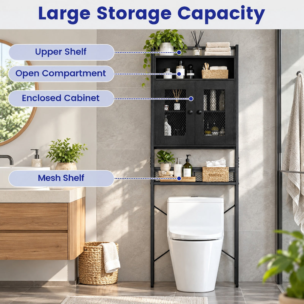 Airfind Over-the-toilet Storage Cabinet featuring Heavy-duty Metal Frame 2-door Freestanding, Engineered Wood Metal Frame, Black