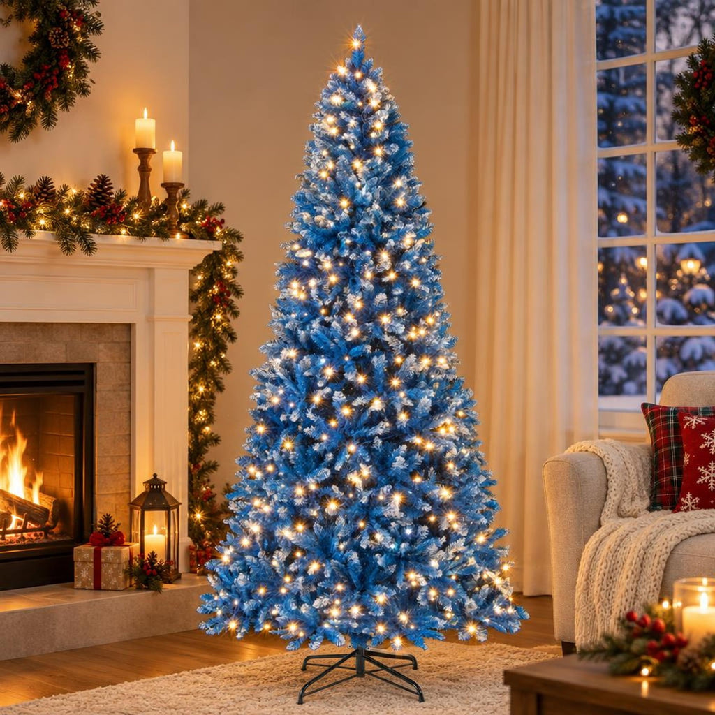 Airfind 6/7/8/9 FT Artificial Christmas Tree with 767 Snowy Branch Tips-8 FT, PVC Metal Frame, 3.1 x 6 ft Footprint, Blue