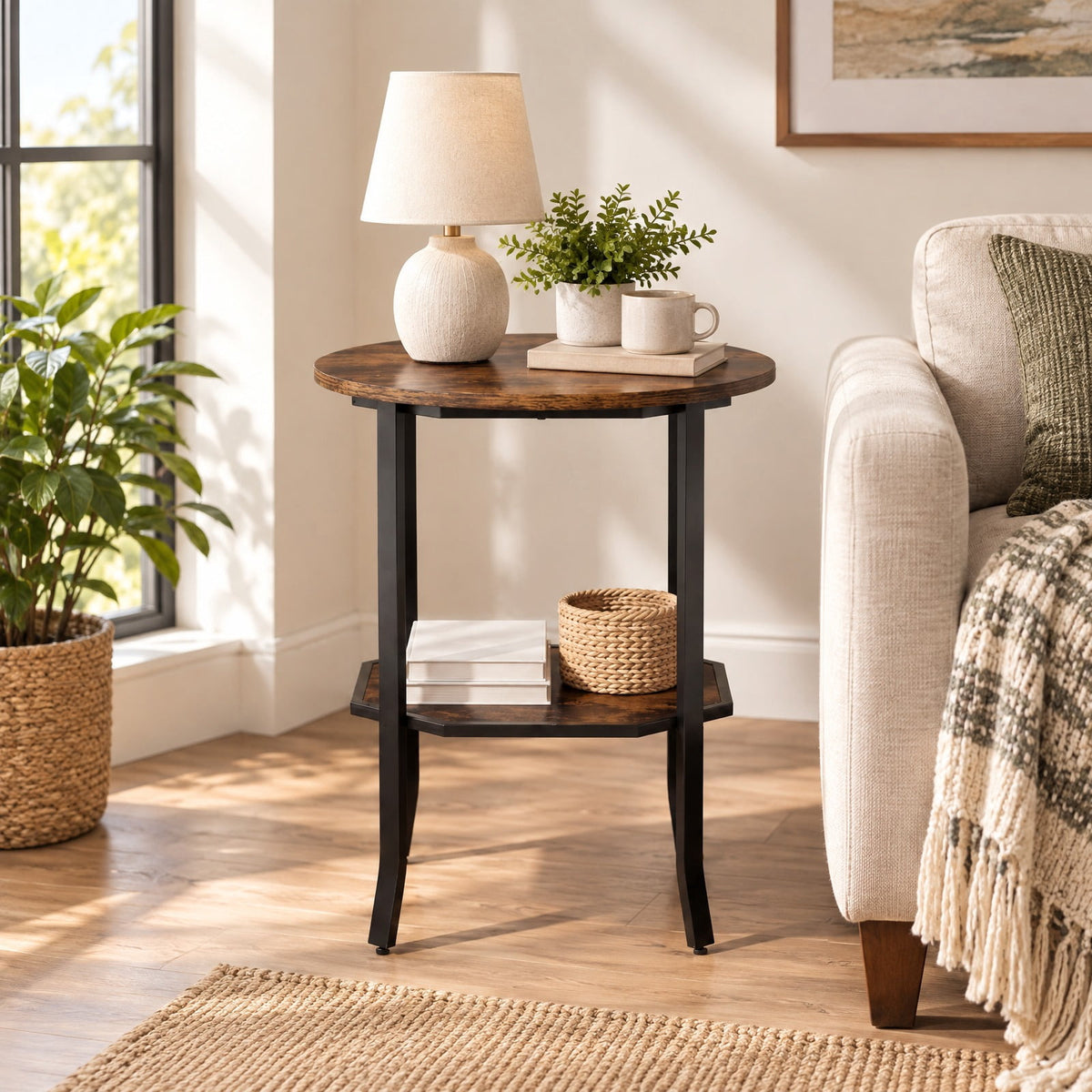 Airfind Round Side Table Small End Table with Storage Shelf 2-Tier Nightstand for Small Space, 90 lbs Capacity, Engineered Wood Carbon Steel Frame