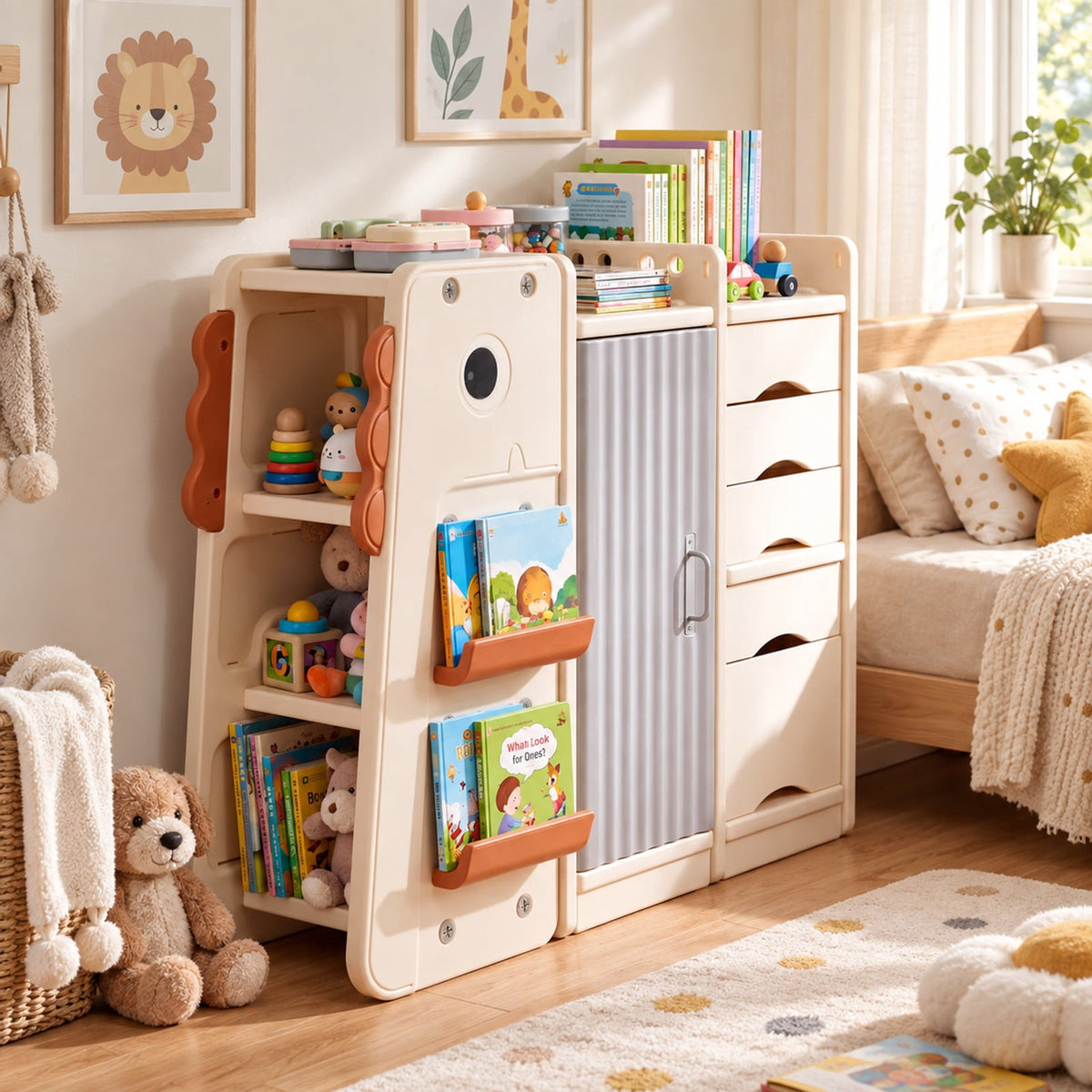 Airfind Kids Toy Storage Organizer with 5 Removable Bins for Playroom, 110 lbs Capacity, HDPE Frame, for 3+ Years Old Total, Beige