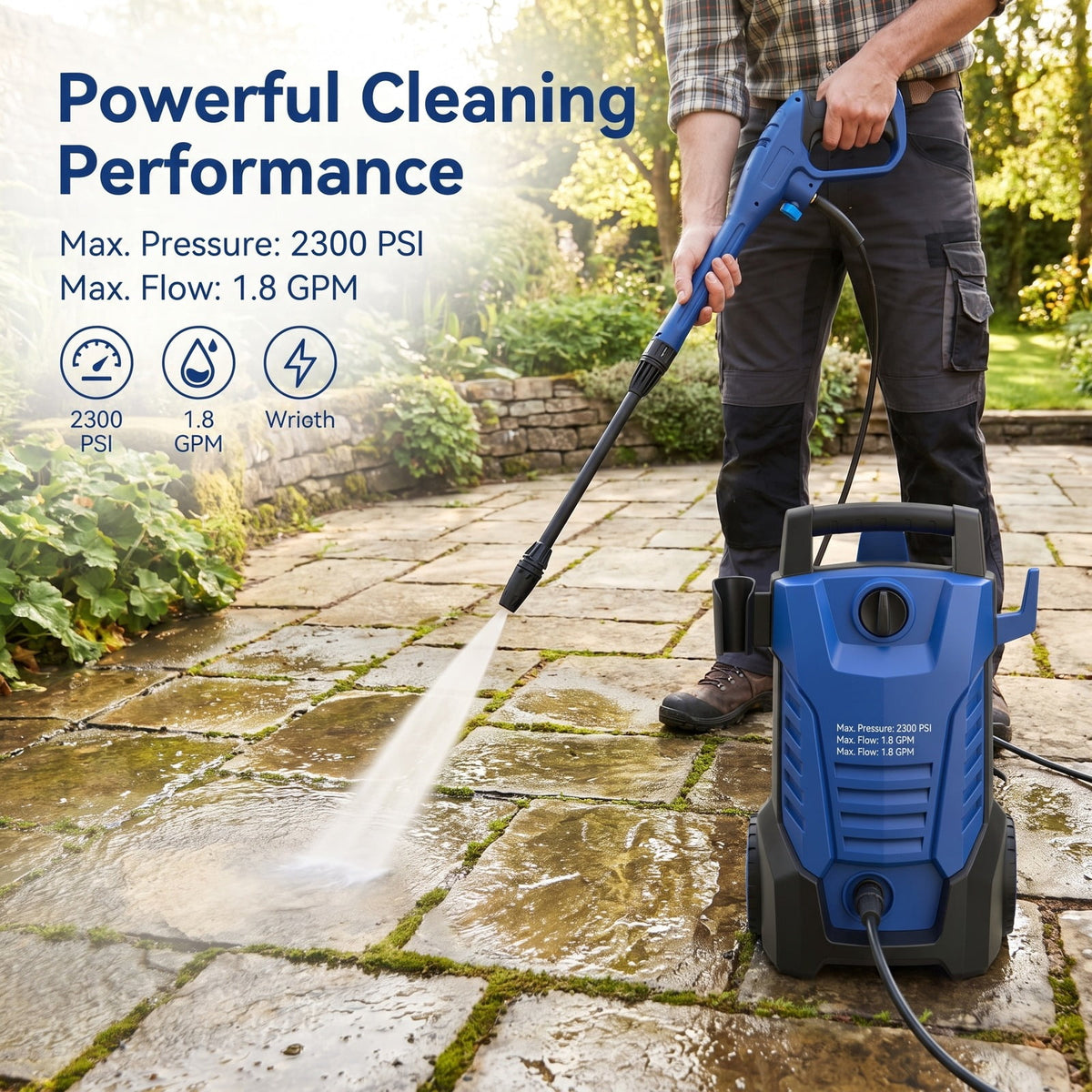 Airfind 2300 PSI 1.8 GPM Electric Pressure Washer with Wheels and 5 Quick Connect Nozzles, PP Metal Frame, 20 x 18 x 35.5 Footprint, Blue