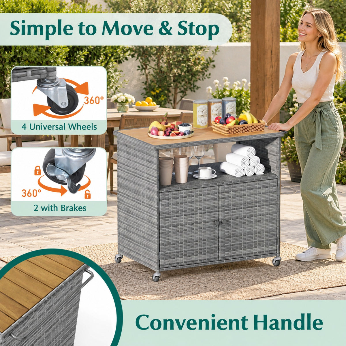 Airfind Outdoor Storage Cabinet with Acacia Wood Top and Lockable Wheels, 180 lbs Capacity, PE Rattan Acacia Wood Metal Frame, Gray
