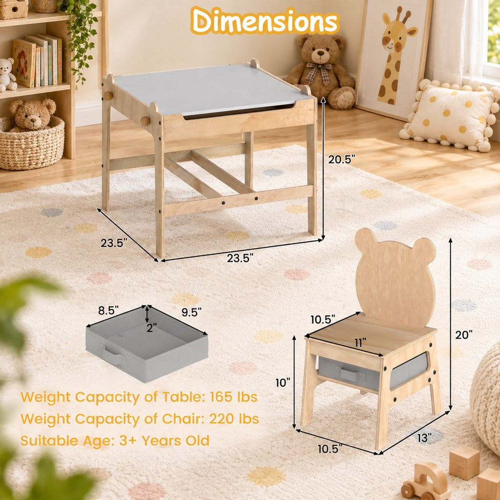 Airfind Kids Table and Chairs Set with Reversible Whiteboard-Panda, 165 lbs Capacity, for 3+ Years Old, Natural