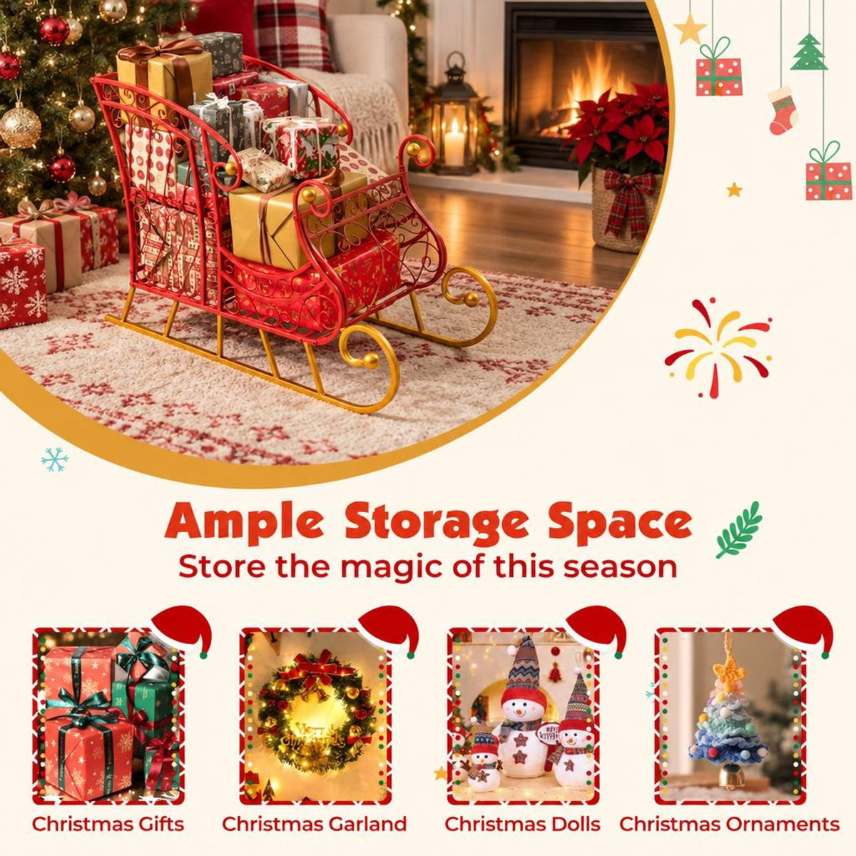 Airfind Metal Christmas Santa Sleigh Basket 2-Tier Xmas Santas Gift Storage Sleigh, 33 Lbs Capacity, Metal, 33.5 Inch X 16.5 Inch X 24.5 Inch, Red