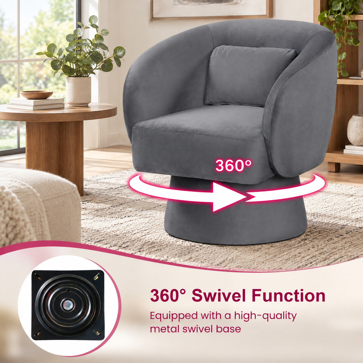 Airfind Swivel Accent Chair Upholstered Barrel Chair with Curved Back and Removable Lumbar Pillow, 400 lbs Capacity, 28.5 x 26.5 x 30.5 Footprint