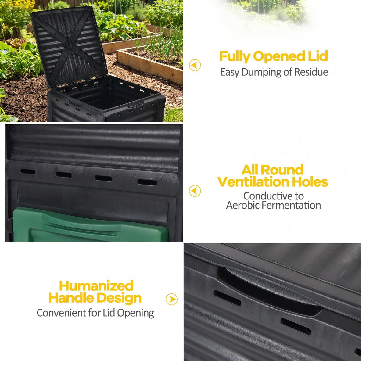 Airfind 80-Gallon Outdoor Composter with Large Openable Lid and Bottom Exit Door, PP Frame, 23.5 x 23 x 32 (L x W x H) Inner Footprint, Green