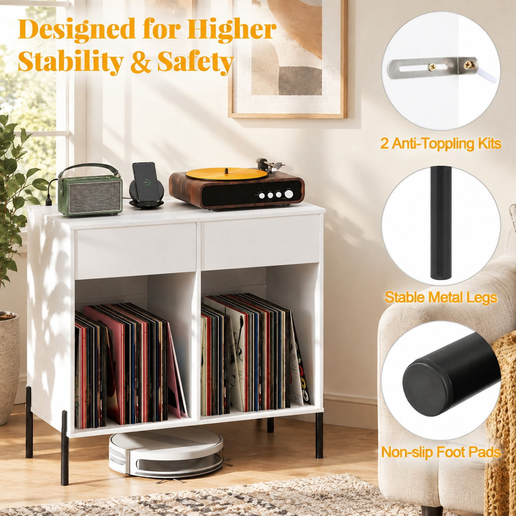 Airfind Record Player Stand with Power Outlets Double Wide Turntable Stand Vinyl Record Storage Table, 220 lbs Capacity, Engineered Wood Metal Frame