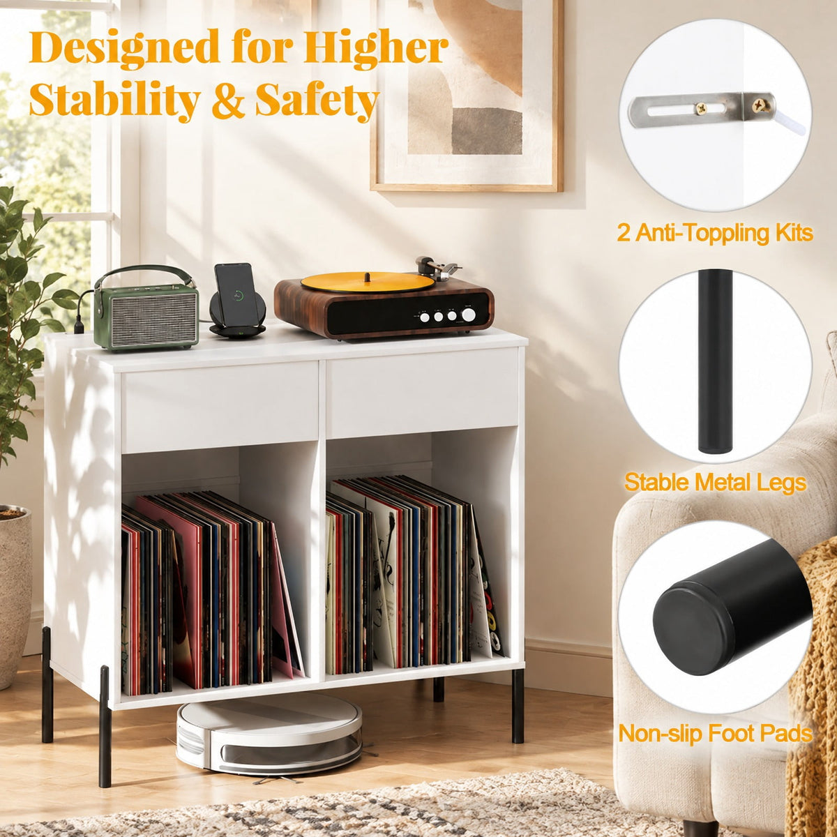Airfind Record Player Stand with Power Outlets Double Wide Turntable Stand Vinyl Record Storage Table, 220 lbs Capacity, Engineered Wood Metal Frame
