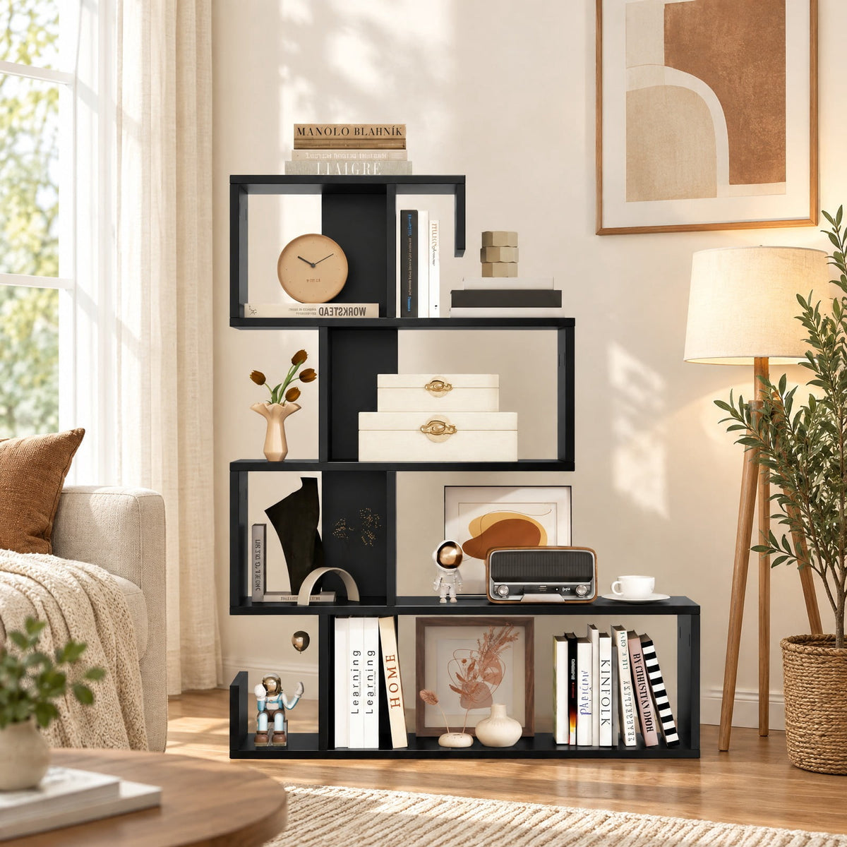 Airfind 5-Tier S-Shaped Bookshelf Geometric Z-Shelf Bookcase with Open Cubes, 44 lbs Capacity, Engineered Wood Frame, 31.5 x 8.5 x 39.5 Footprint