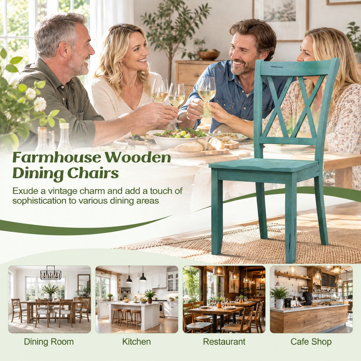 Airfind Set of 2 Cross Back Rubber Wood Dining Chairs, 300 lbs Capacity, Rubber Wood Frame, 20 x 23.5 x 39 Footprint, Green
