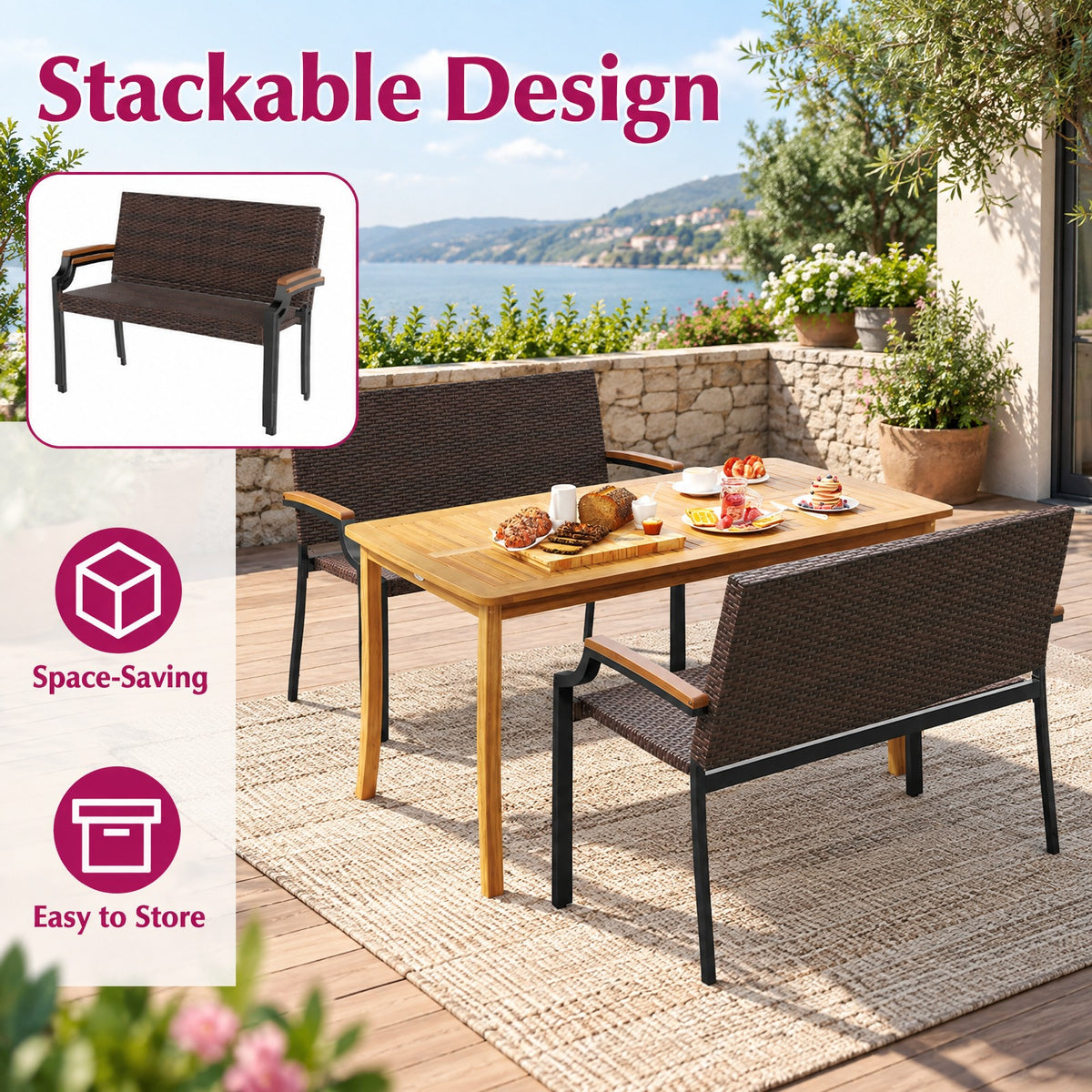 AIRFIND Patio Wicker Loveseat with Acacia Wood Armrests, Woven PE Rattan Seat, Metal Frame and Adjustable Front Feet, Mix Brown