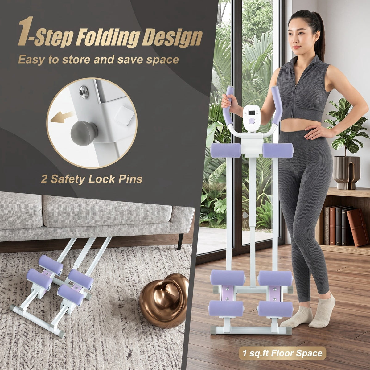 Airfind Ab Machine Abdominal Trainer with LCD Monitor, 4 Adjustable Heights, Foldable Full Body Core Workout Glider Exerciser for Home Gym, 330 LBS Capacity, Purple