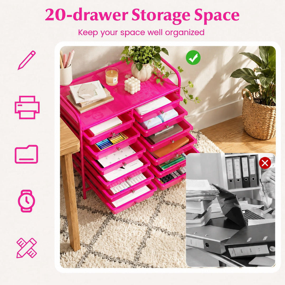 Airfind 12 Drawers Rolling Storage Cart for Home and Office, Steel Frame, 25inx15inx 34in Footprint, Pink