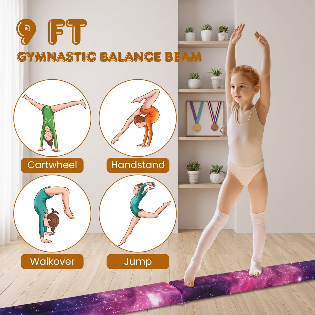 Airfind 9 FT Folding Gymnastics Balance Beam with Anti-slip Base and Pine Wood Frame for Kids Home Practice and Training, Galaxy