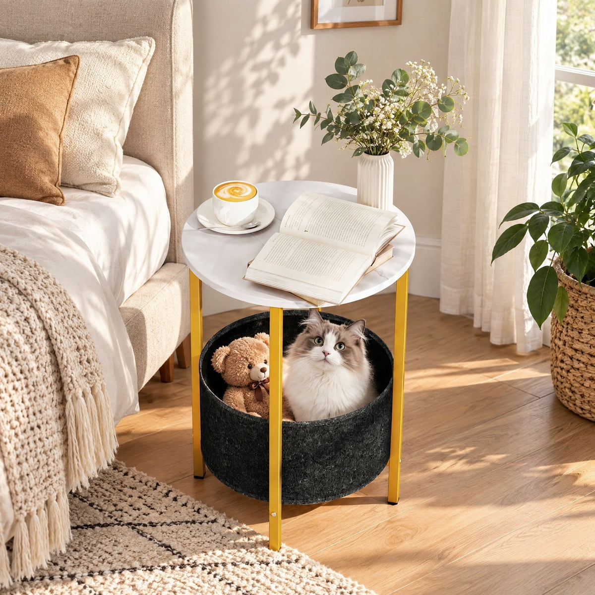 Airfind Round End Table 2-Tier Side Table with Removable Fabric Basket and Metal Frame, 44 lbs Capacity, Metal Engineered Wood Felt Frame, White