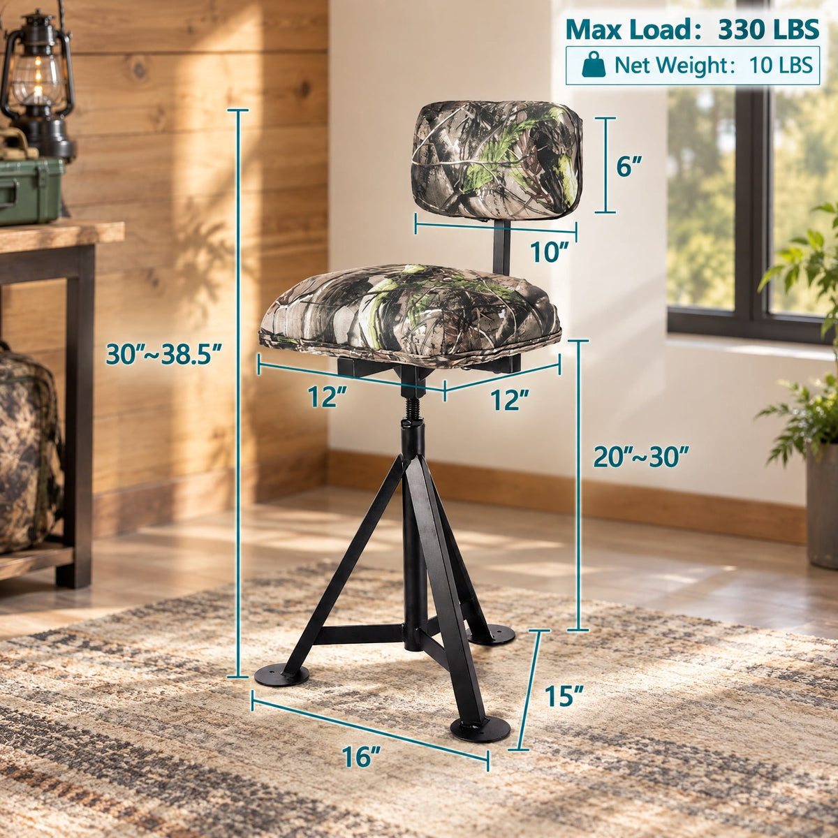 Airfind Swivel Hunting Chair Tripod Blind Stool with Detachable Backrest, 330 lbs Capacity, Steel fabric Frame, 16 Inch x 15 Inch x 30 Inch -38.5 Inch Footprint