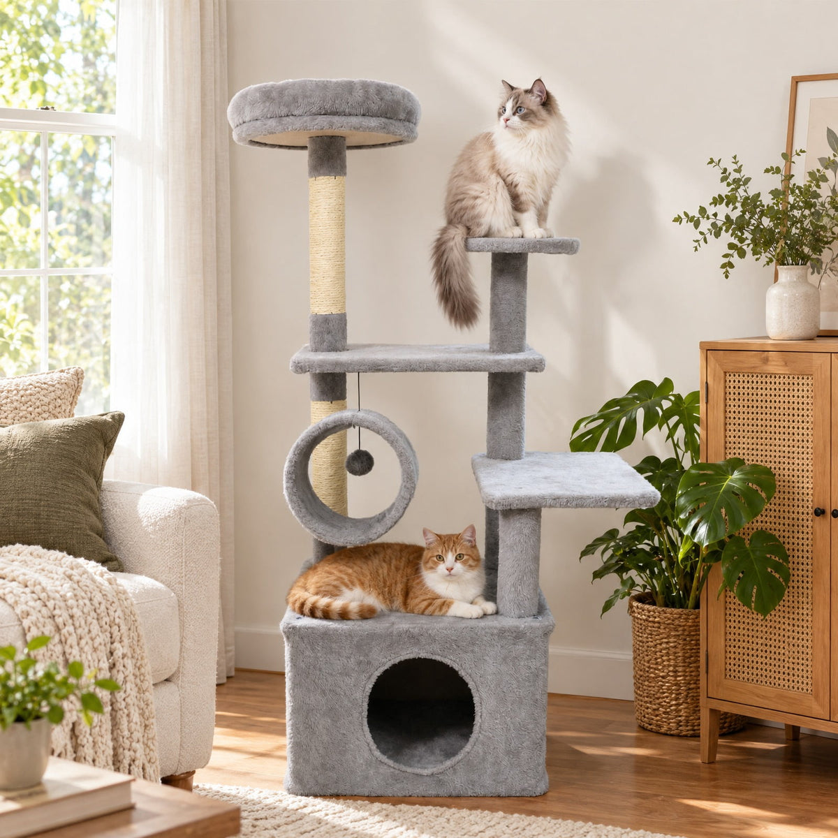 Airfind 48 Inches Tall Cat Tree Multi-Level Kitten Tower with Large Condo Padded Top Perch, Engineered Board Plush Sponge Jute Frame, Light Gray