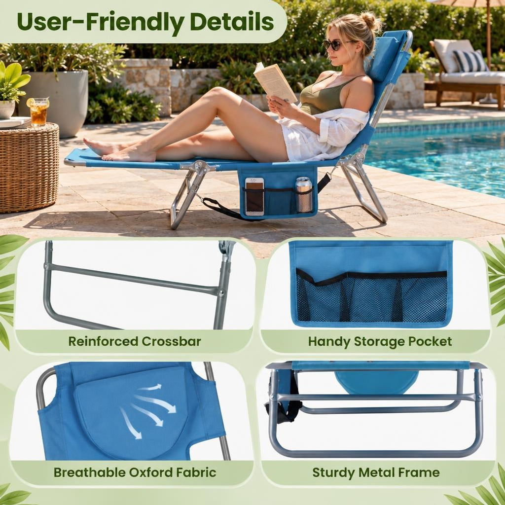 Airfind Folding Beach Lounge Chair with Adjustable Backrest for Lawn, 330 lbs Capacity, Metal Oxford Fabric Polyester Sponge Frame, Blue