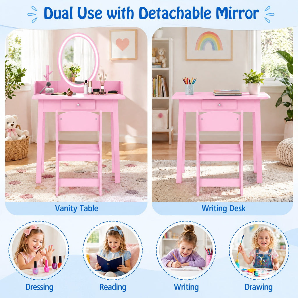 AIRFIND Kids Vanity Table and Chair with Lighted Acrylic Mirror, Drawer and Jewelry Organizer, Removable Mirror for Ages 3-8, Pink