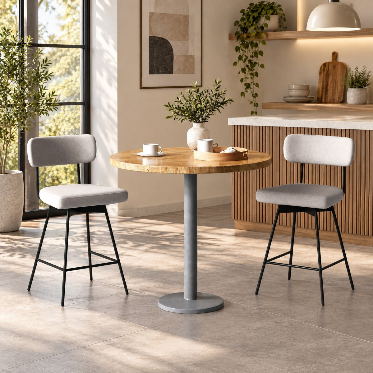 Airfind 25 Inch 2-Piece Modern Upholstered Bar Stools with Back and Footrests, 330 lbs Capacity, Polywood Metal Sponge Linen Type Cloth Frame, Beige