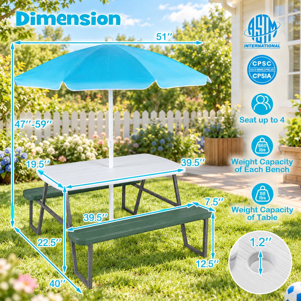 Airfind Kids Picnic Table with Benches Seats up to 4, 660 lbs Capacity, Metal Frame, for 3+ years old, 40 x 39.5 x 59 Tabletop Footprint, Green
