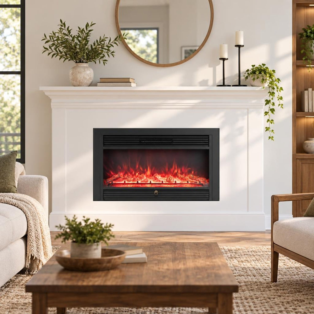 Airfind 33/36-Inch Electric Fireplace Insert 750W/1500W Recessed Fireplace Heater-1500W, Metal Tempered Glass Frame, Black