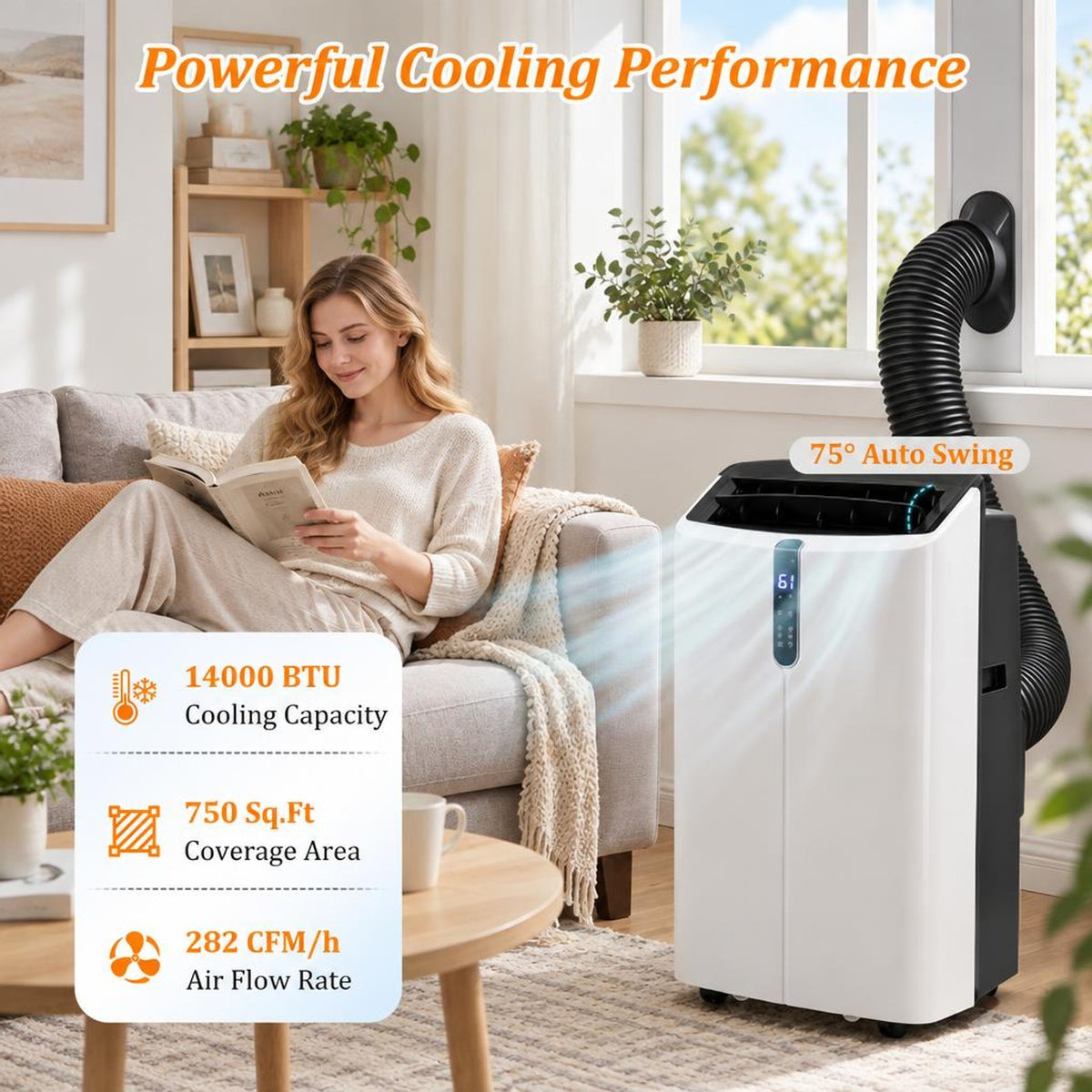 Airfind 14000 BTU Smart Portable AC with APP Voice Control 47 Db for Rooms 750 Sq. Ft, Abs, 17.5 Inch X 14 Inch X 29 Inch Cooling, Black