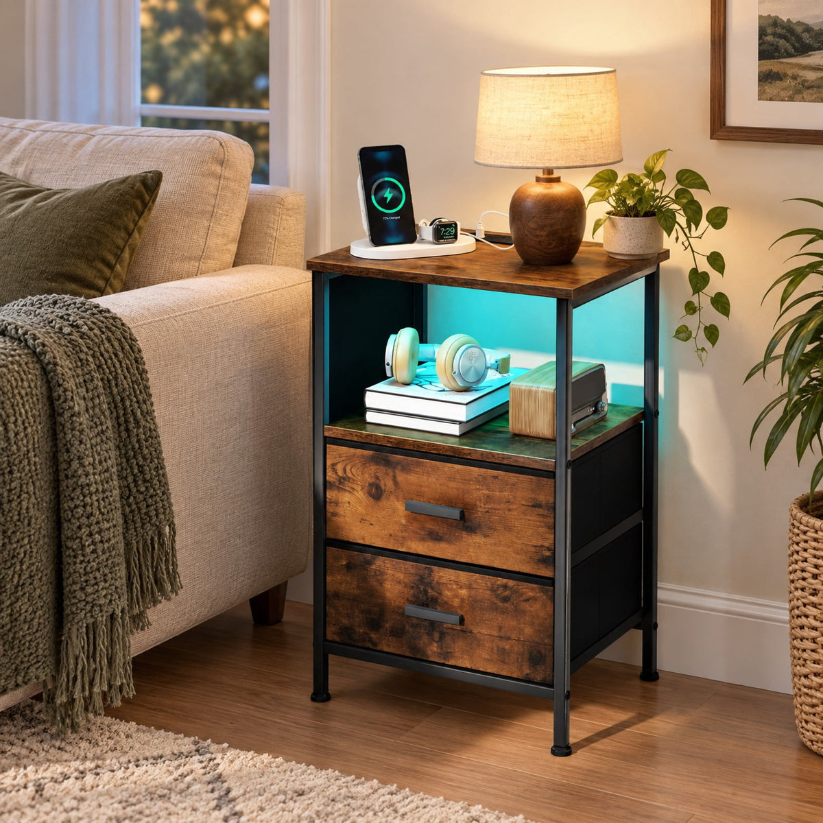 Airfind End Table with Charging Station Set of 1 Nightstand with 2 Folding Fabric Drawers, 110 lbs Capacity, Rustic Brown + Black