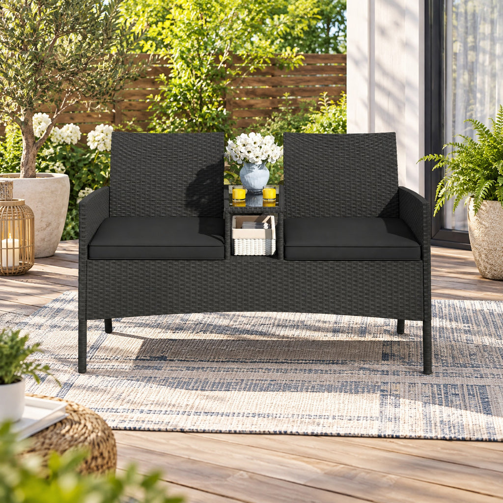 Airfind Patio Loveseat with Built-in Table for Backyard Porch, 400 lbs Capacity, PE Rattan Metal Polyester Sponge Tempered Glass Frame, Black