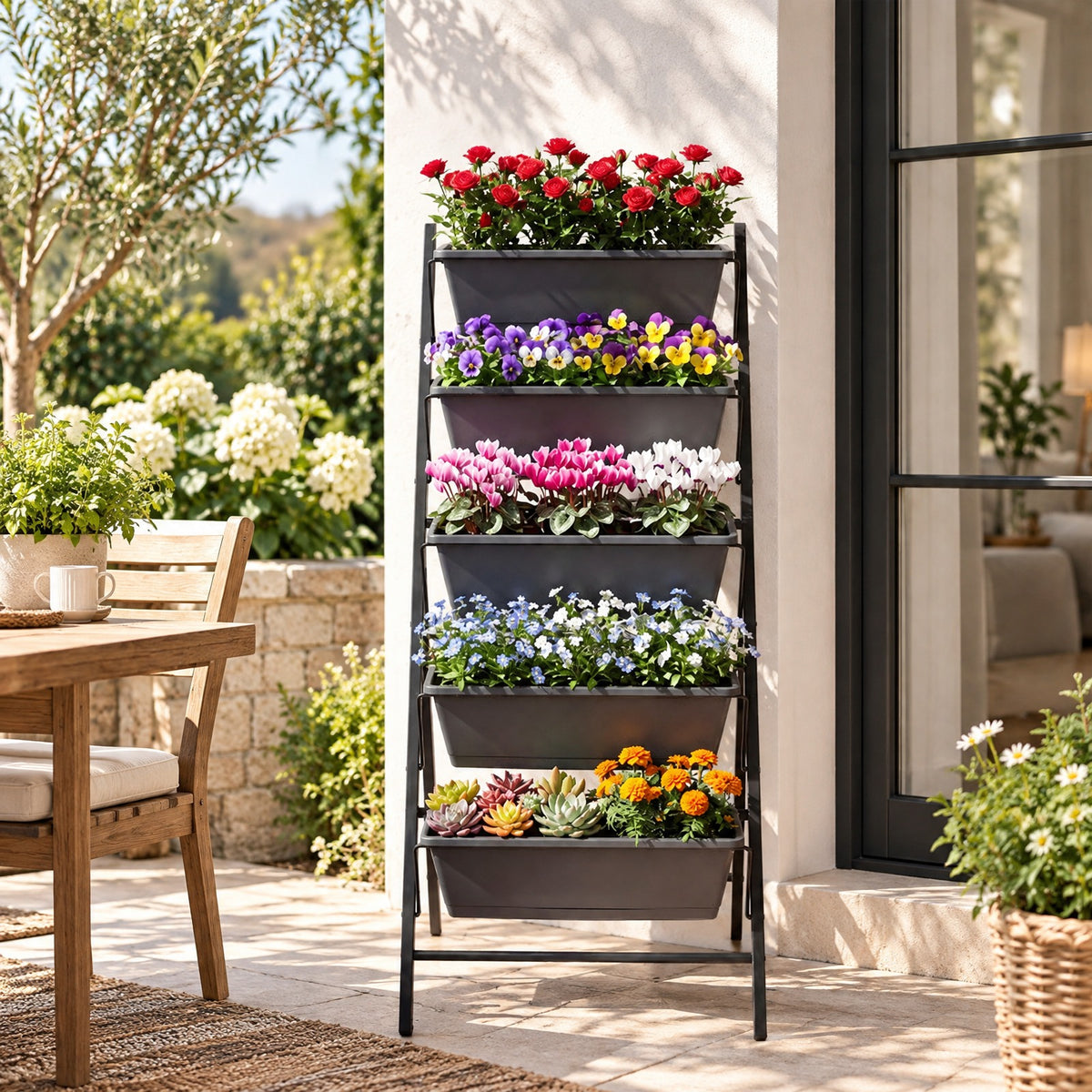 Airfind 5-Tier Vertical Raised Garden Bed with Drainage System and Removable Trays for Vegetables, 11 lbs Capacity, PP Metal Frame, Black