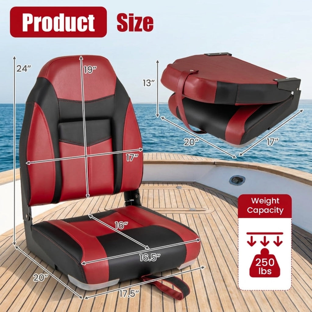 Airfind Folding Boat Seats with High Back Ergonomic Support and Waterproof Cushion for Fishing and Pontoon Boats with Aluminum Hinges, Red