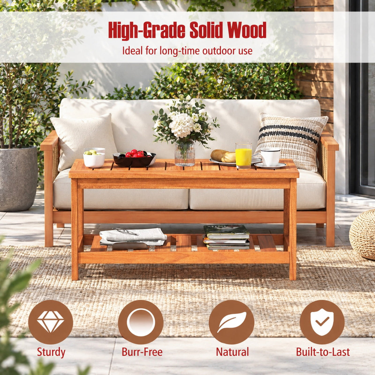 Airfind 2-Tier Patio Coffee Table with Slatted Tabletop and Shelf, 110 lbs Capacity, Hardwood Frame, 35.5 Inch x 18 Inch x 17.5 Inch Footprint, Natural