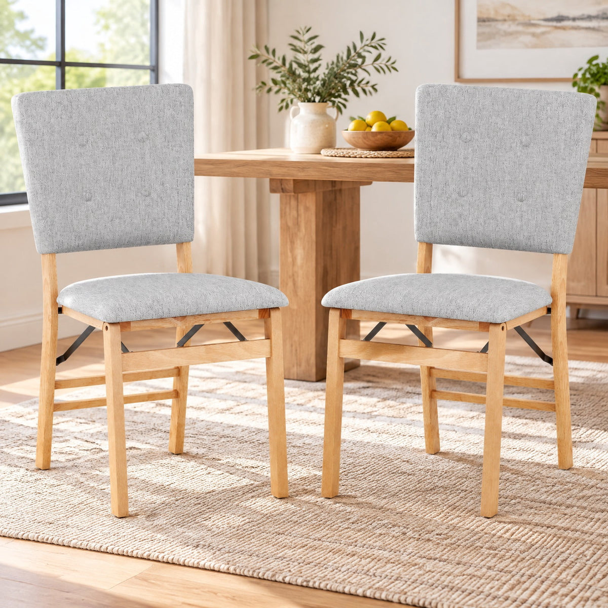 Airfind Foldable Dining Chair Set of 2 Armless Kitchen Chair with Padded Seat and Tilt Backrest, Rubber Wood MDF Sponge Linen Fabric Frame, Gray