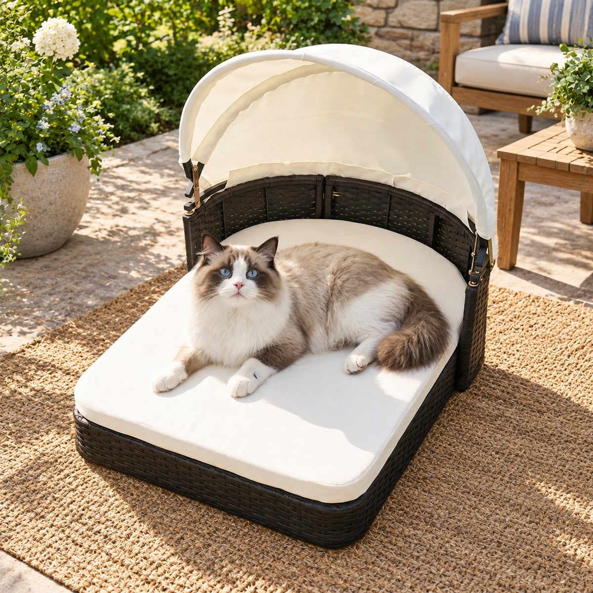 Airfind Handwoven Rattan Pet Daybed with 2 Detachable Soft Cushions for Small and Medium Dogs, 165 Lbs Capacity, PE Rattan Polyester Steel, White