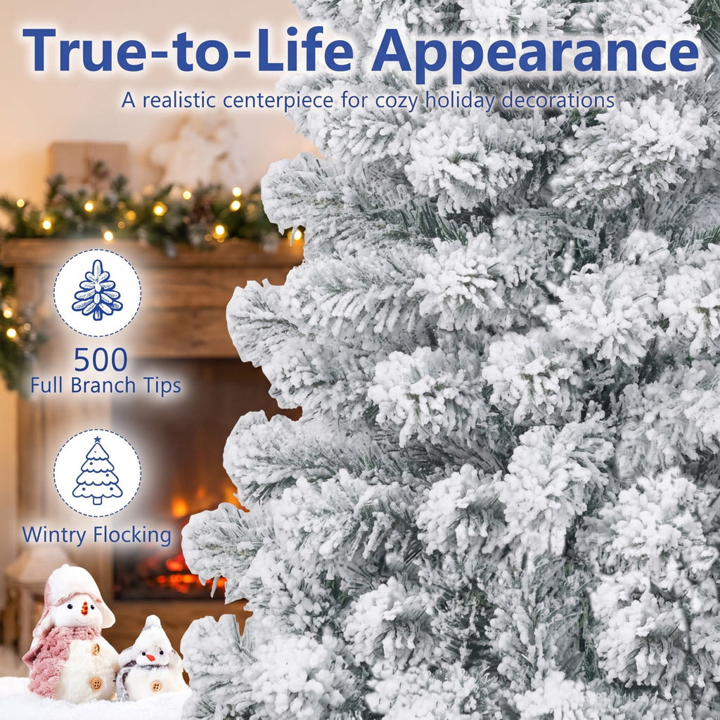 Airfind 6 Feet Unlit Hinged Snow Flocked Artificial Pencil Christmas Tree with 500 Branch Tip, PVC Metal Tree Height 6 ft Tree Width 2 ft Frame