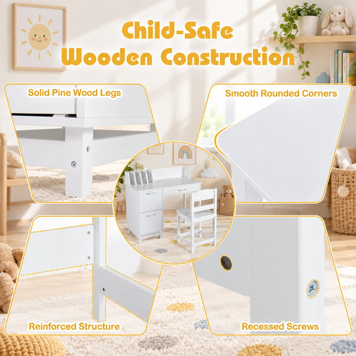 Airfind Wooden Kids Study Desk and Chair Set Student Workstation, 110 lbs Capacity, MDF Solid Wood Frame, for 3+, 35.5 x 18 x 32 Footprint, White